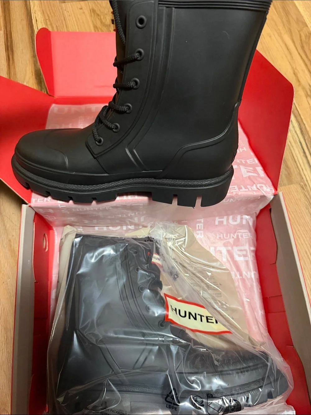 Hunter Big Kids Black Lace-Up Combat Rain Boots Size 5 Brand New